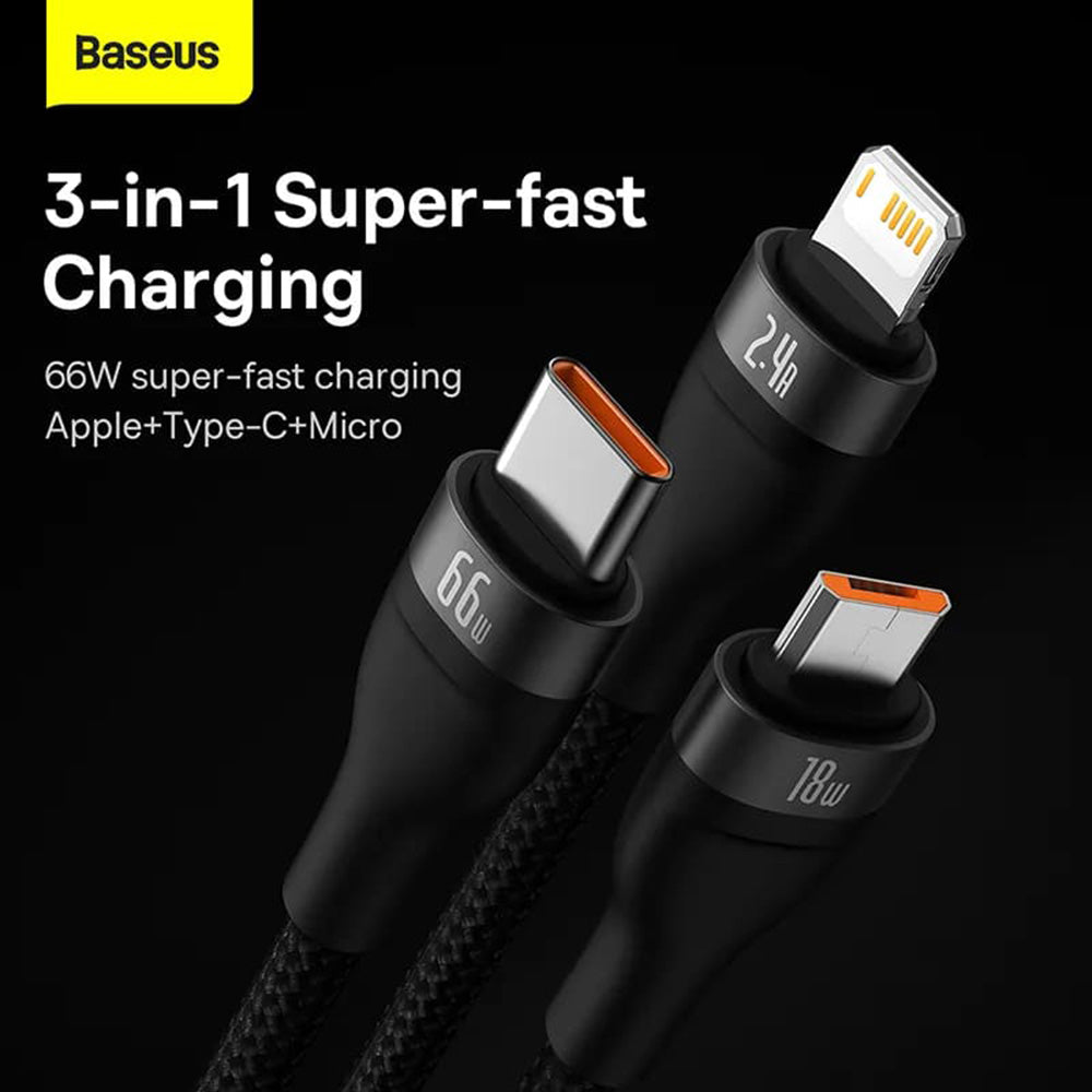 Baseus - Data Cable Flash Series 2 (CASS040001) - Fast Charge, USB to Type-C, Lightning, Micro-USB, 66W, 1.2 m - Black
