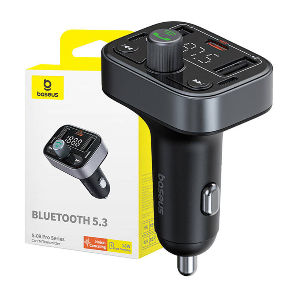 Baseus - FM Modulator and Car Charger S-09 Pro (C10762200113-00) - 2x USB, Type-C, Bluetooth 5.3, Digital Display - Blac