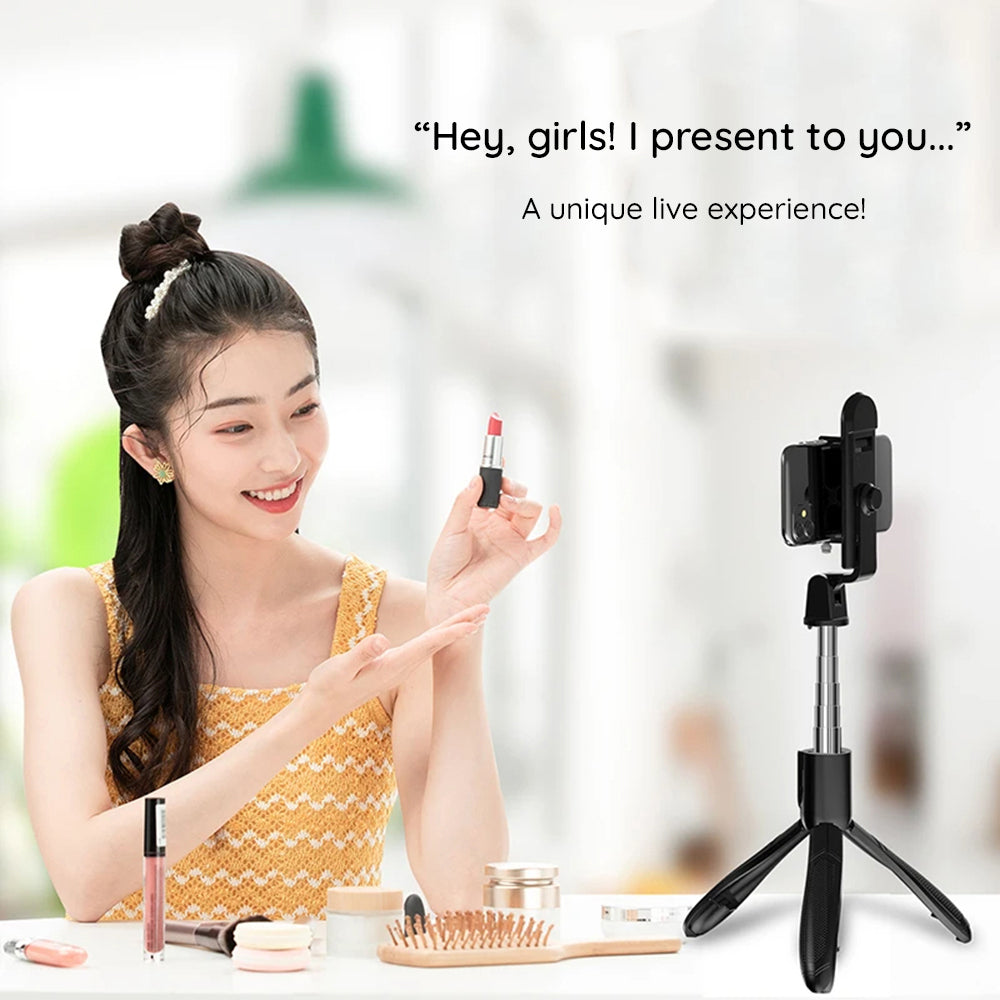 Techsuit - Selfie Stick (S01-S) - Compact Tripod Mount with Bluetooth Remote Control, LED Fill Light, Foldable, 70cm - B
