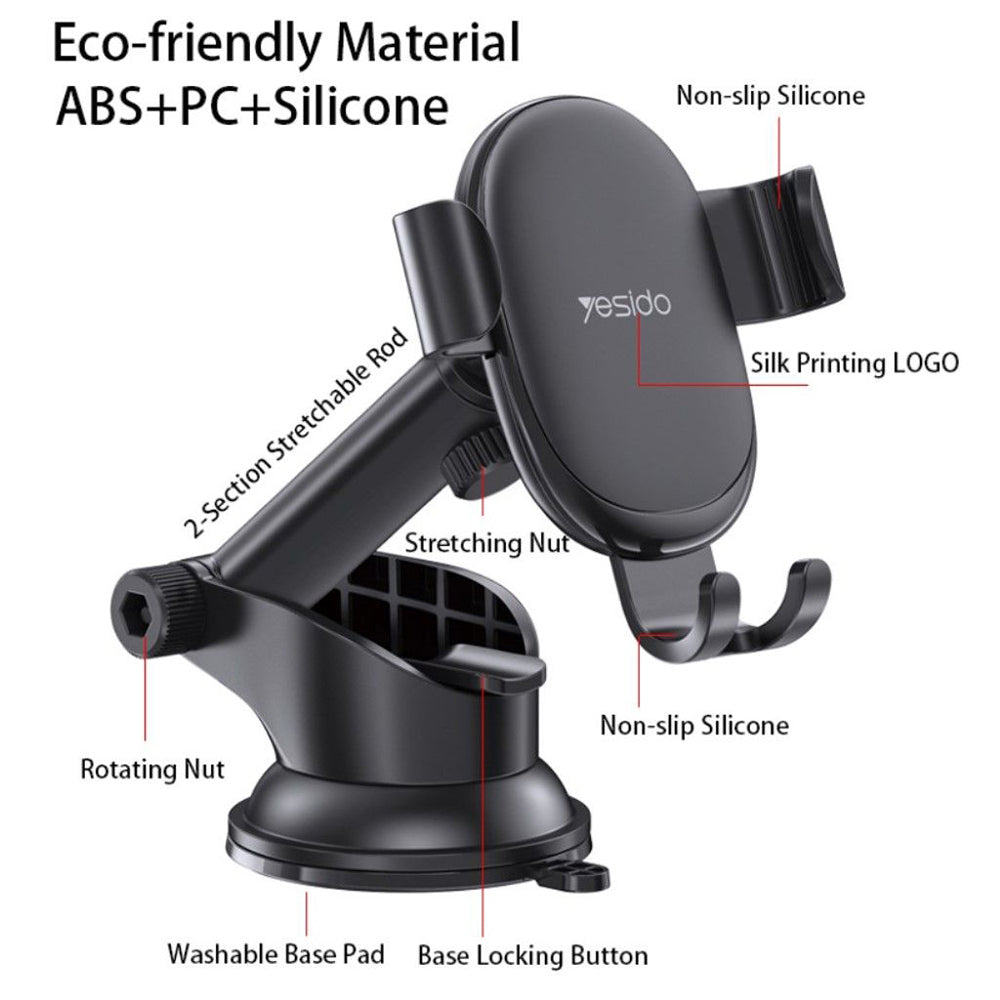 Yesido - Car Holder (C120) - Gravity Grip, Extendable Arm for Dashboard, Windshield - Black