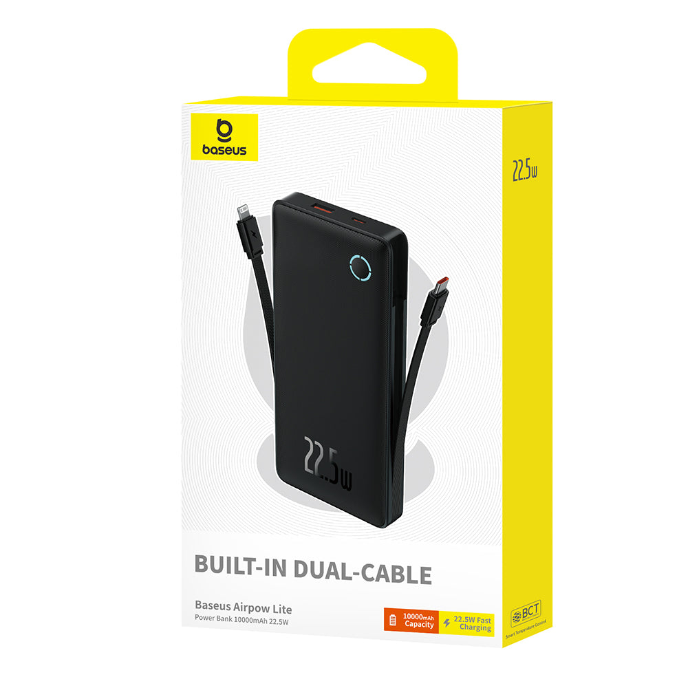 Baseus - Power Bank Airpow Air Lite (P10067501123-00) - USB, Type-C, Dual Cable USB-C, Lightning, 22.5W, 10000mAh - Blac