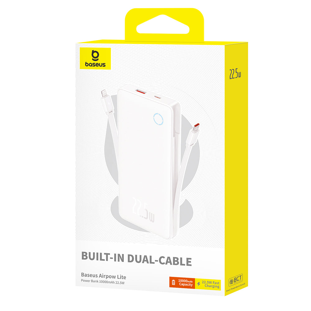 Baseus - Power Bank Airpow Air Lite (P10067501213-00) - USB, Type-C, Dual Cable USB-C, Lightning, 22.5W, 10000mAh - Whit