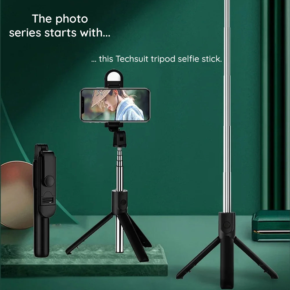 Techsuit - Mini Selfie Stick (S05-S) - Compact Tripod Mount with Bluetooth Remote Control, LED Light, Foldable, 105cm - 