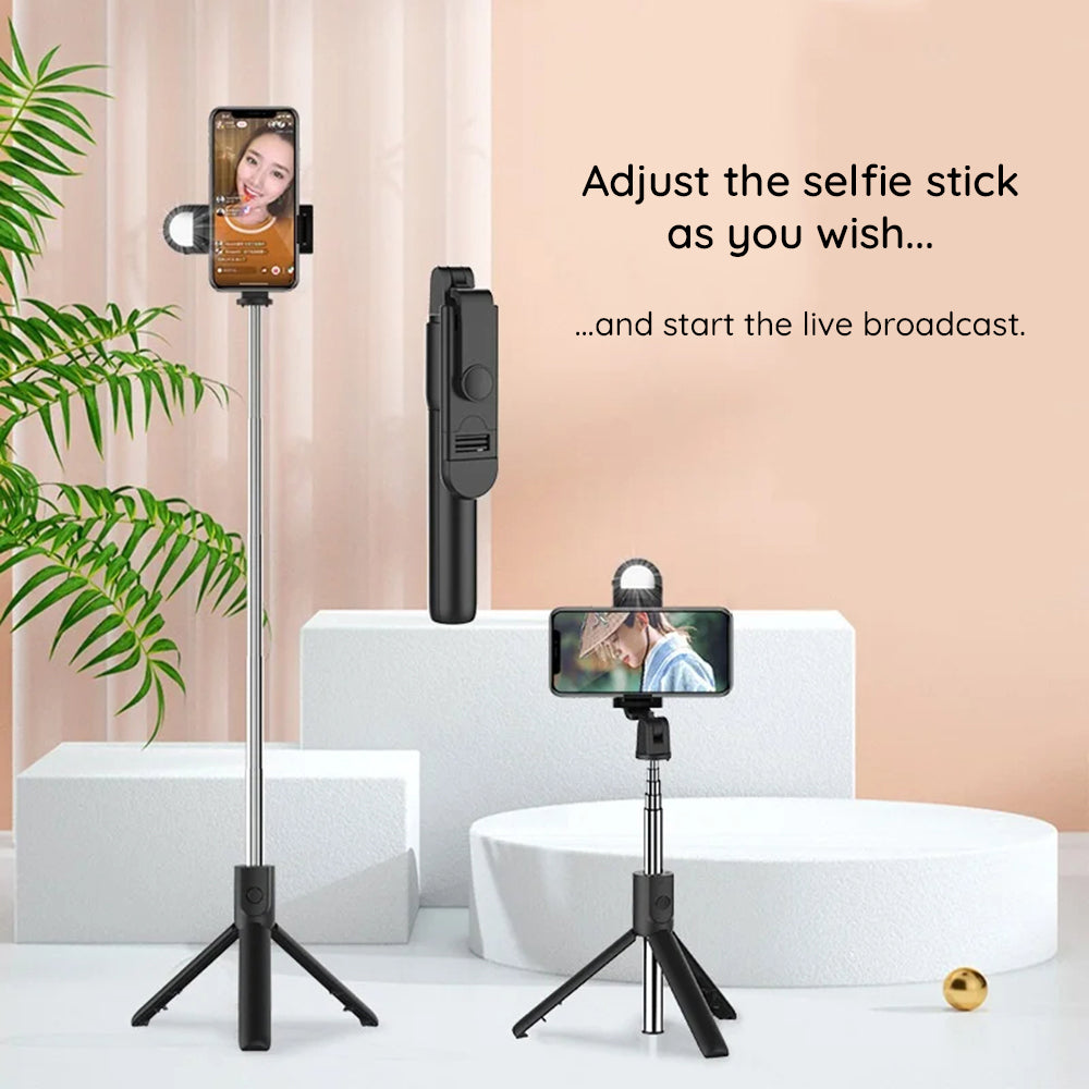 Techsuit - Mini Selfie Stick (S05-S) - Compact Tripod Mount with Bluetooth Remote Control, LED Light, Foldable, 105cm - 