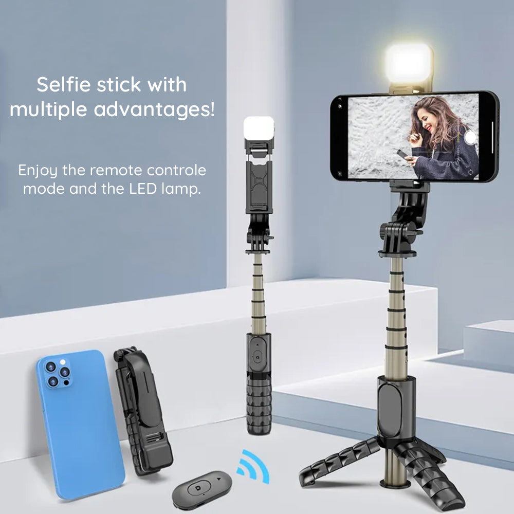 Techsuit - Mini Selfie Stick (Q10s) - Stable Tripod with Bluetooth Remote Control, Fill Light, 360 Rotation, 70cm - Blac