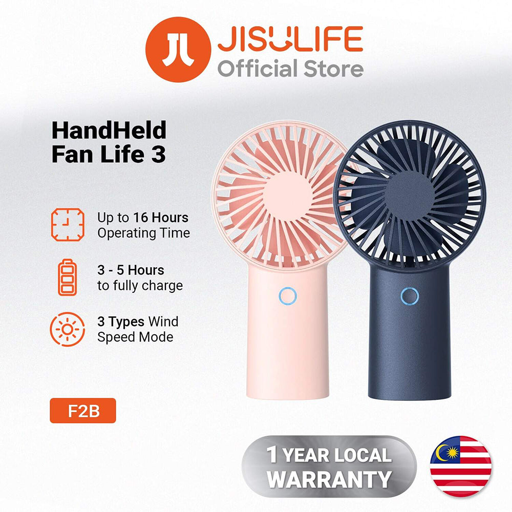 JisuLife - Premium Mini Hand Fan Life3 (F2B) - Portable, Ultra-Silent, Type-C, 3 Speeds, 4000mAh - Pink
