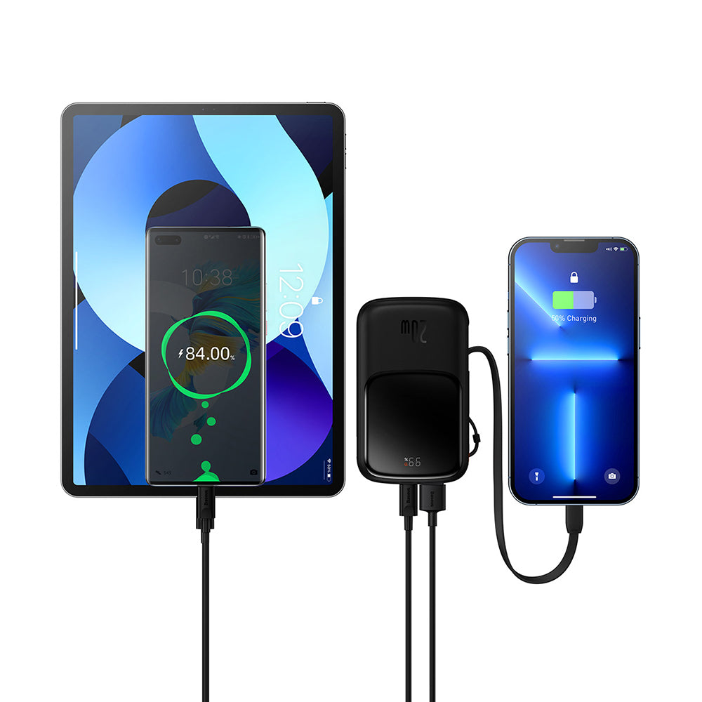 Baseus - Power Bank Qpow Pro (PPQD020001) - Lightning, Type-C, USB, 20W, 10000mAh, Cable Type-C, Lightning, 3A - Black