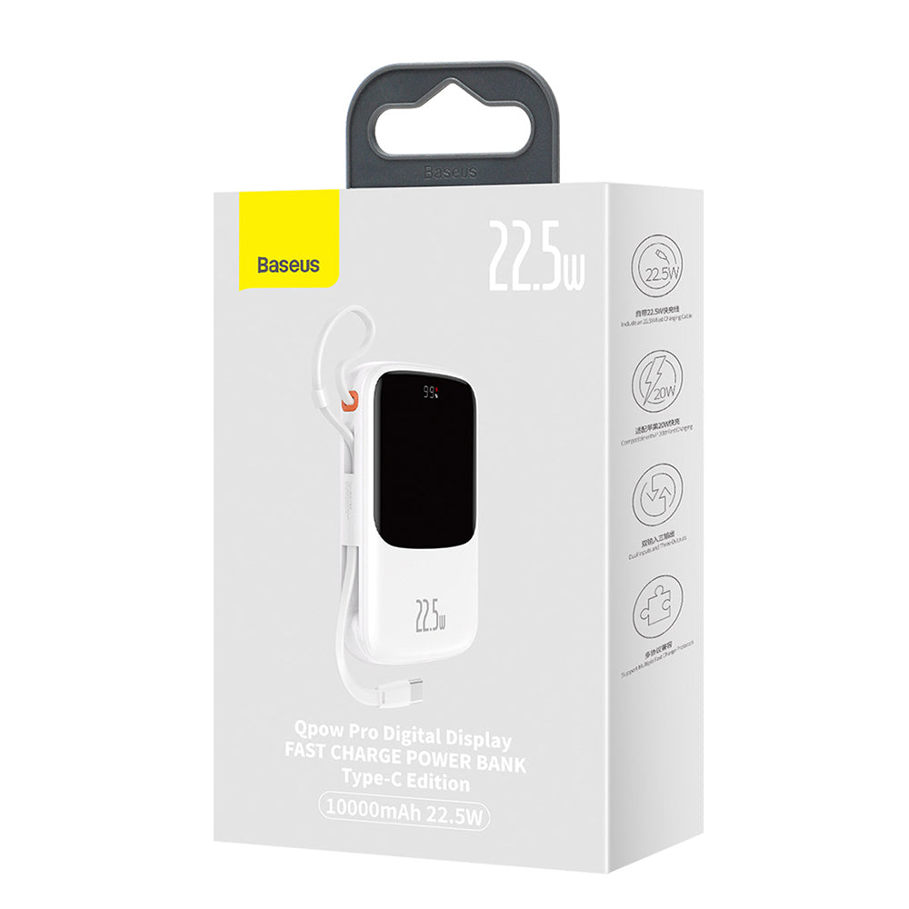 Baseus - Power Bank Qpow Pro (PPQD020102) - Lightning, 2x Type-C, USB, 22.5W, 10000mAh, Cable Type-C, 3A, 30cm - White