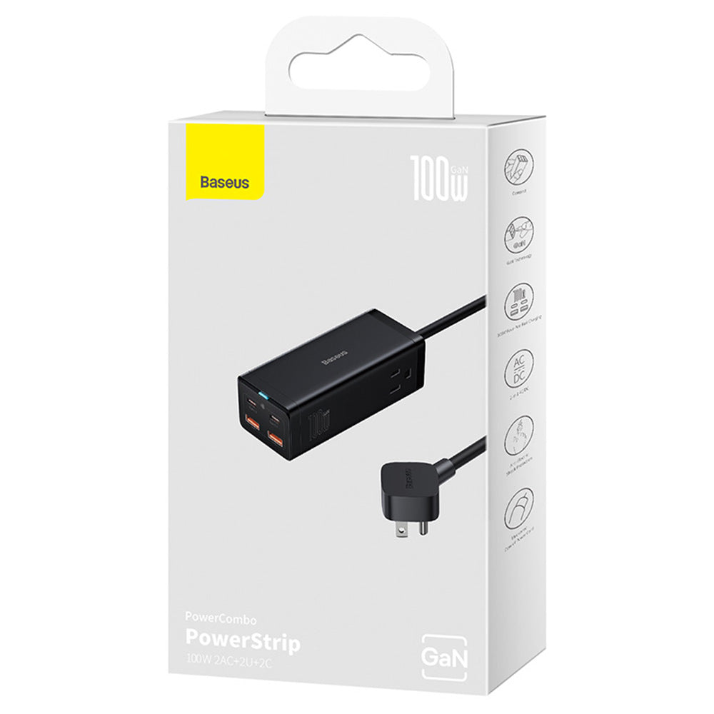 Baseus - Wall Charger/Powerstrip (PSZM000201) - Type-C Cable Included, 2 x AC, 2 x USB, 2 x Type-C, 100W - Black