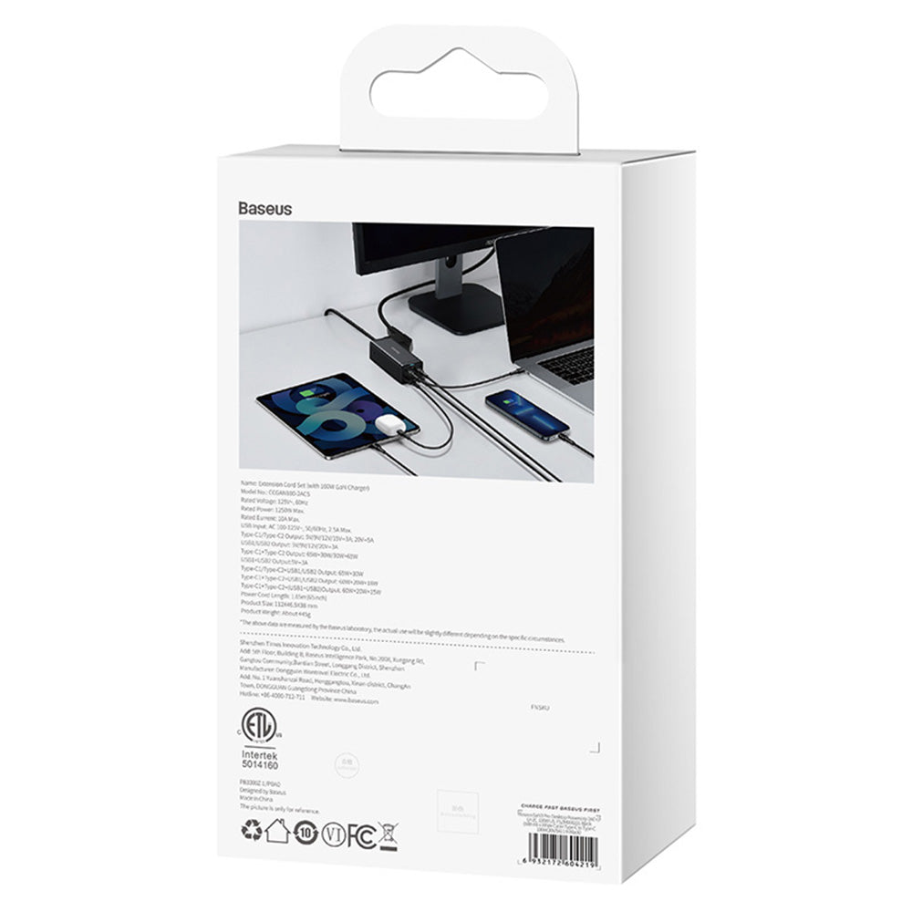Baseus - Wall Charger/Powerstrip (PSZM000201) - Type-C Cable Included, 2 x AC, 2 x USB, 2 x Type-C, 100W - Black