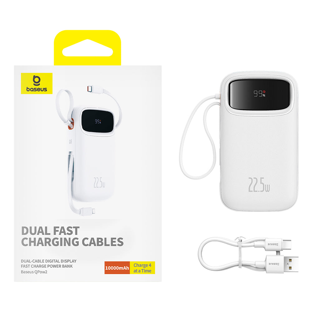 Baseus - Power Bank Qpow Pro+ (P10055003223-00) - Lightning, 2x Type-C, USB, 22.5W, 10000mAh, Cable Type-C, 30cm - White