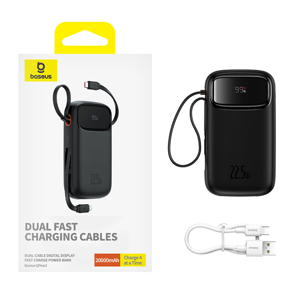 Baseus - Power Bank Qpow Pro+ (P10055002113-00) - Lightning, 2x Type-C, USB, 22.5W, 20000mAh, Cable Type-C, 30cm - Black