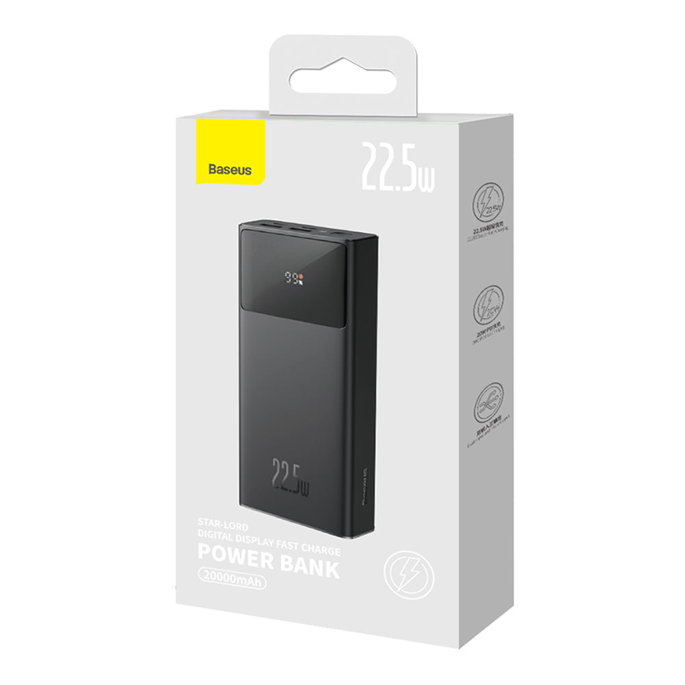 Baseus - Power Bank Star-Lord (PPXJ080001) - 2x USB, Type-C, Micro-USB, 22.5W, 20000mAh, Cable Type-C, 3A, 30cm - Black