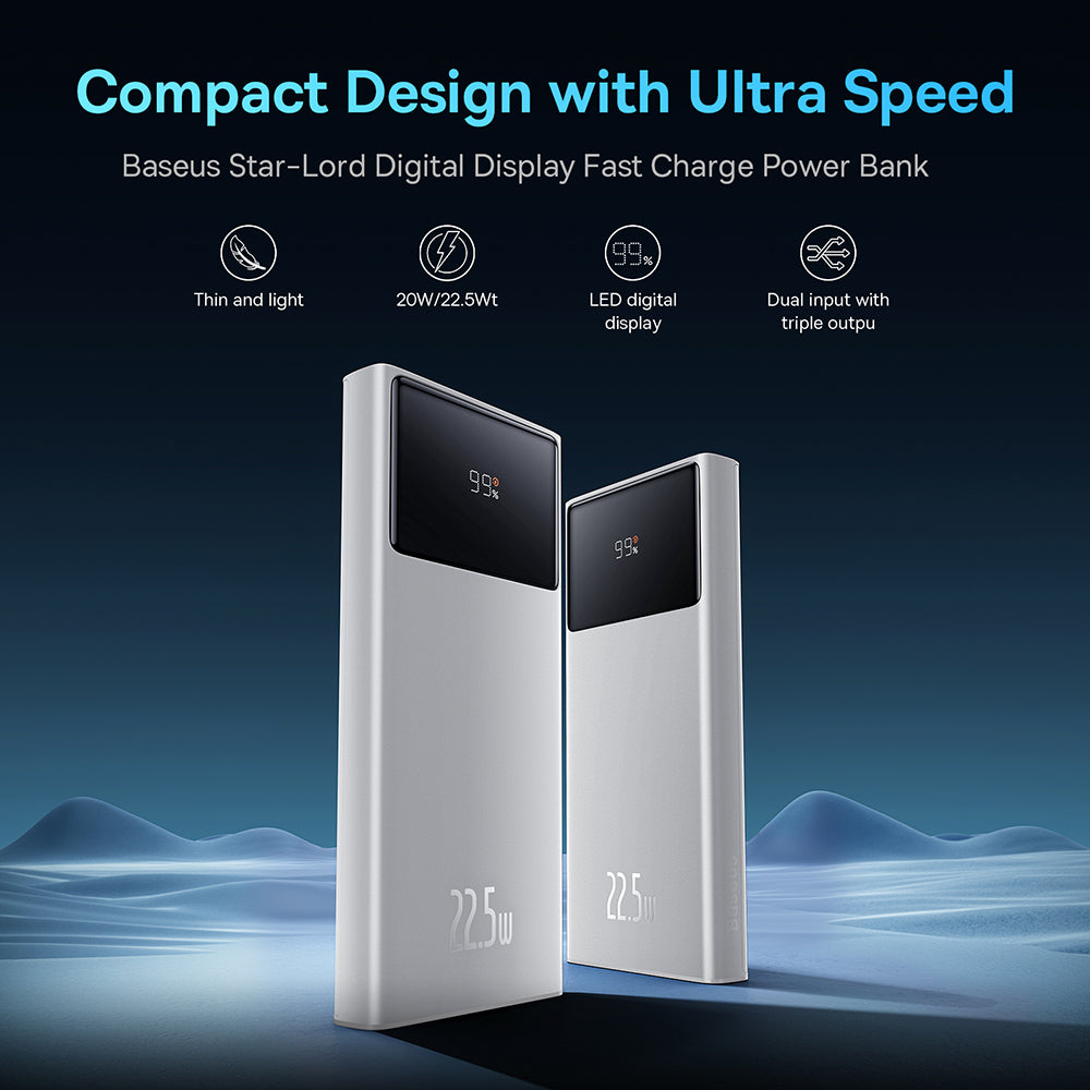 Baseus - Power Bank Star-Lord (PPXJ100002) - 2x USB, Type-C, Micro-USB, 22.5W, 10000mAh, Cable Type-C, 3A, 30cm - White