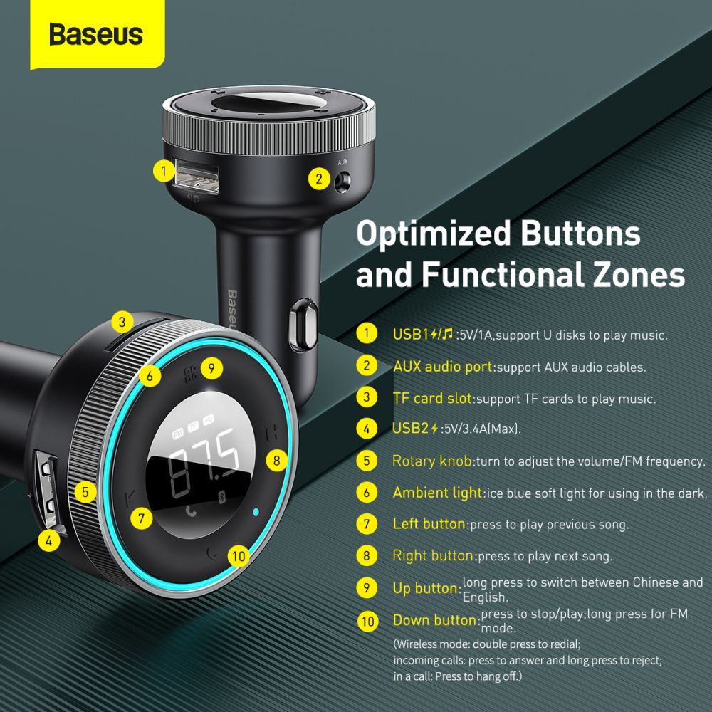 Baseus - FM Modulator and Car Charger Enjoy (CCLH-01) - USB-A, 3.4A with LED Display - Black