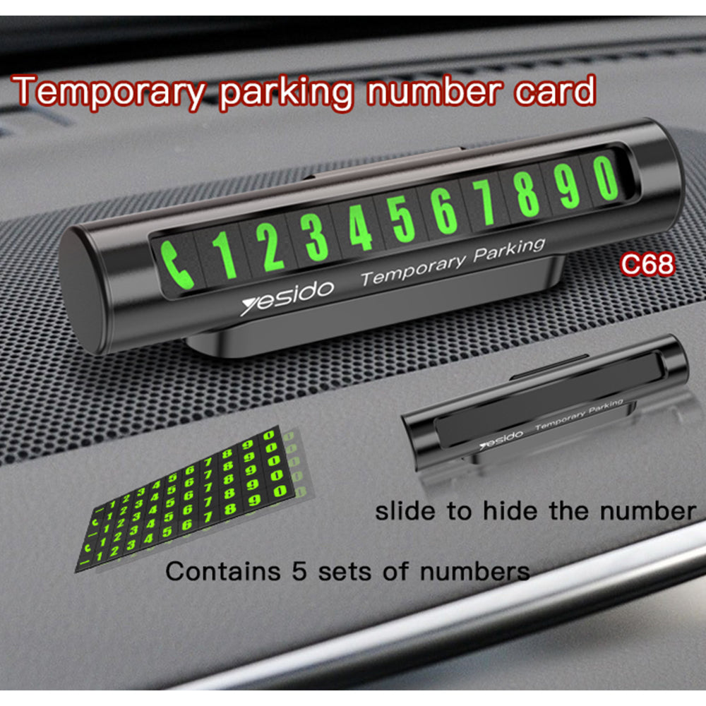 Yesido - Parking Number (C68) - for Dashboard, Fluorescent Digits, Number Hiding, Weather-Resistant, Aluminum Alloy - Bl