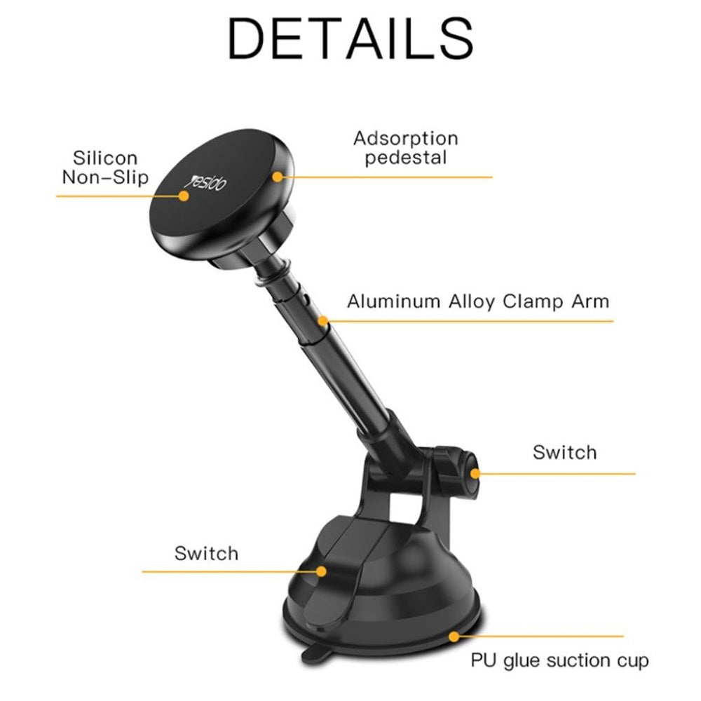 Yesido - Car Holder (C41) - Extendable Arm, 360° Rotation Angle, for Dashboard, Windshield - Black