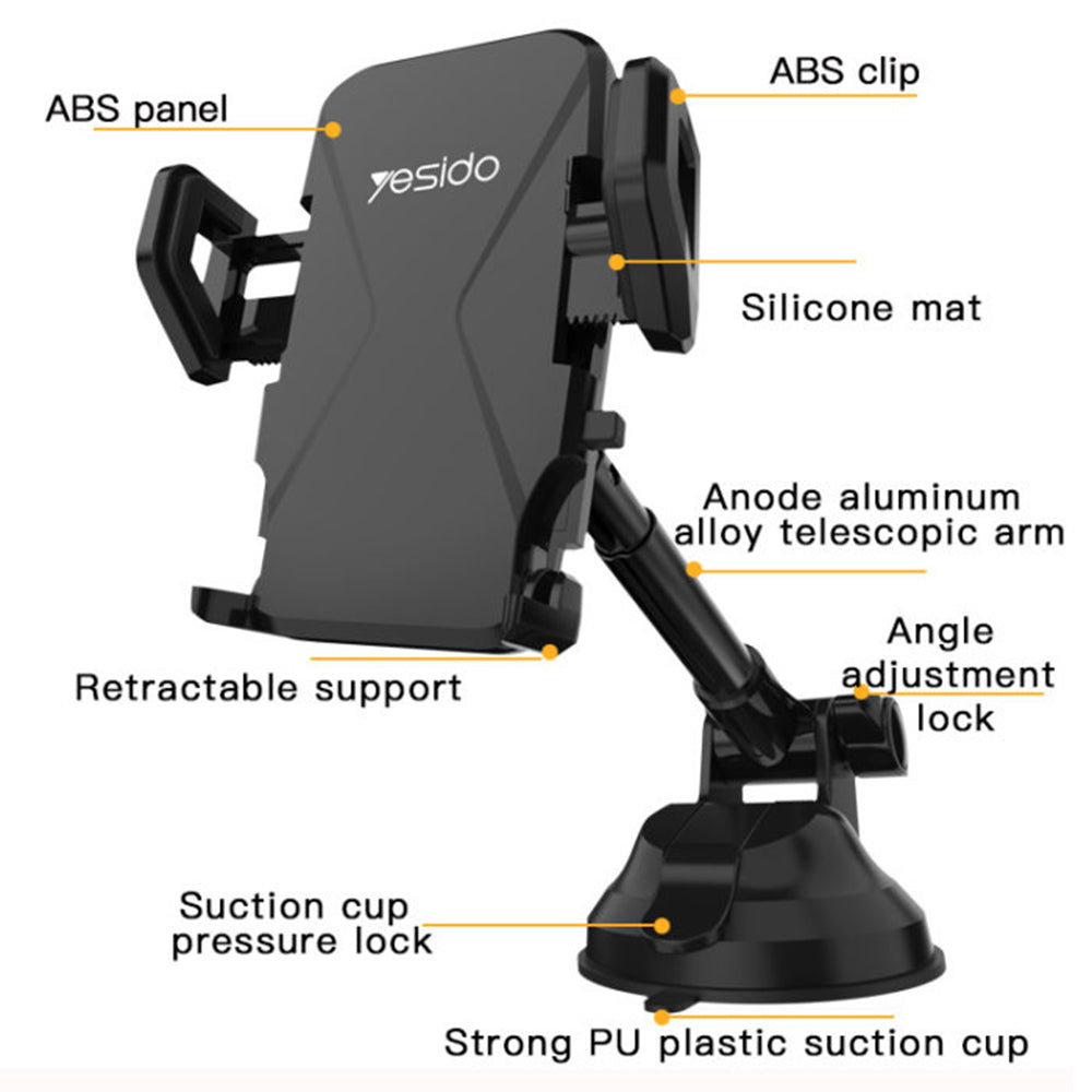 Yesido - Car Holder (C40) - Extendable Arm for Dashboard, Windshield - Black