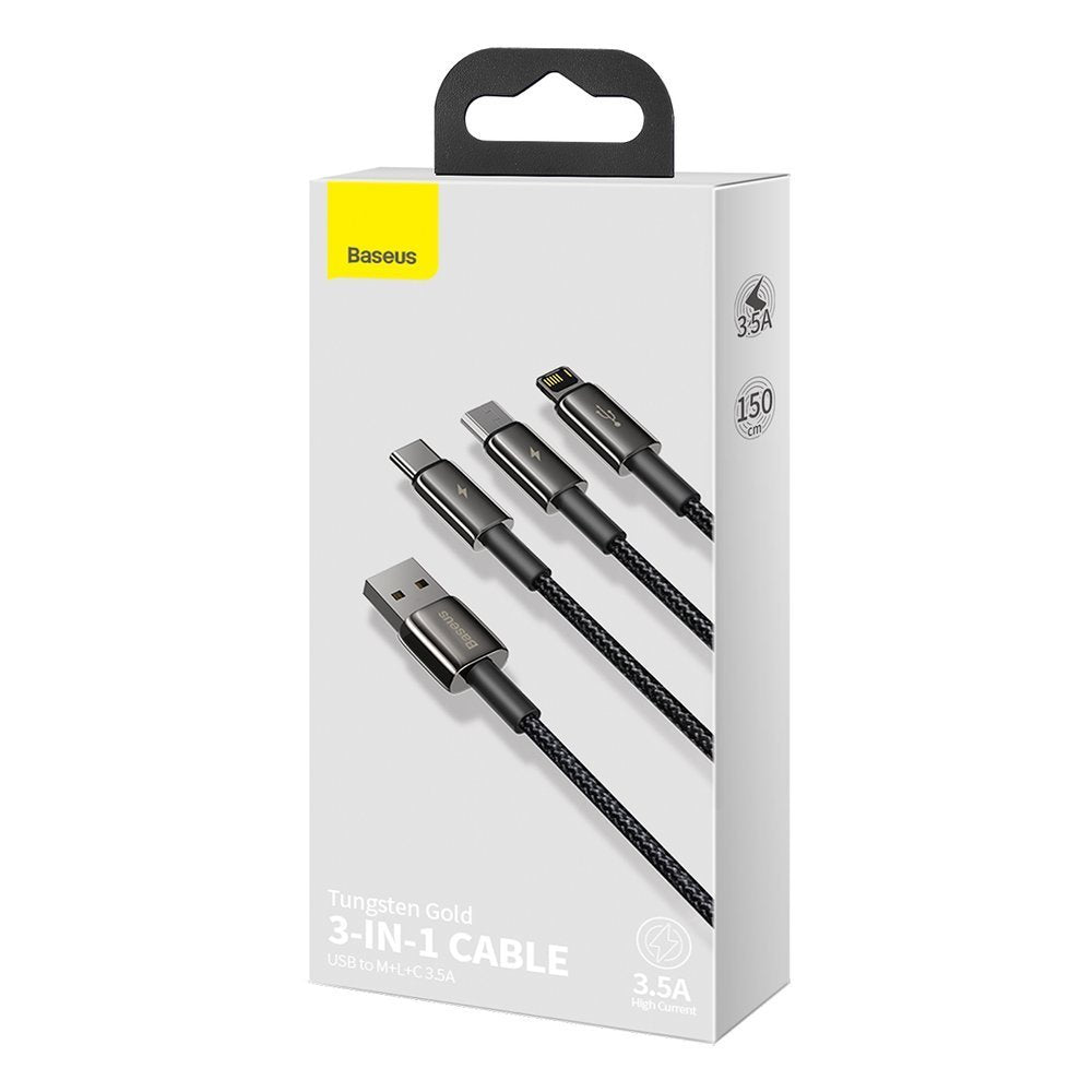 Baseus - Data Cable Tugsten Gold 3in1 (CAMLTWJ-01) - USB to Type-C, Lightning, Micro-USB 3.5A, 1.5m - Black