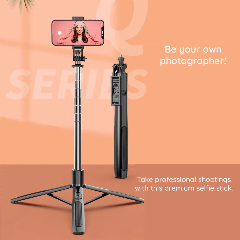 Techsuit - Selfie Stick (Q05) - Stable Tripod with Bluetooth Remote Control, 360 Rotation, Stainless Steel, 158cm - Blac