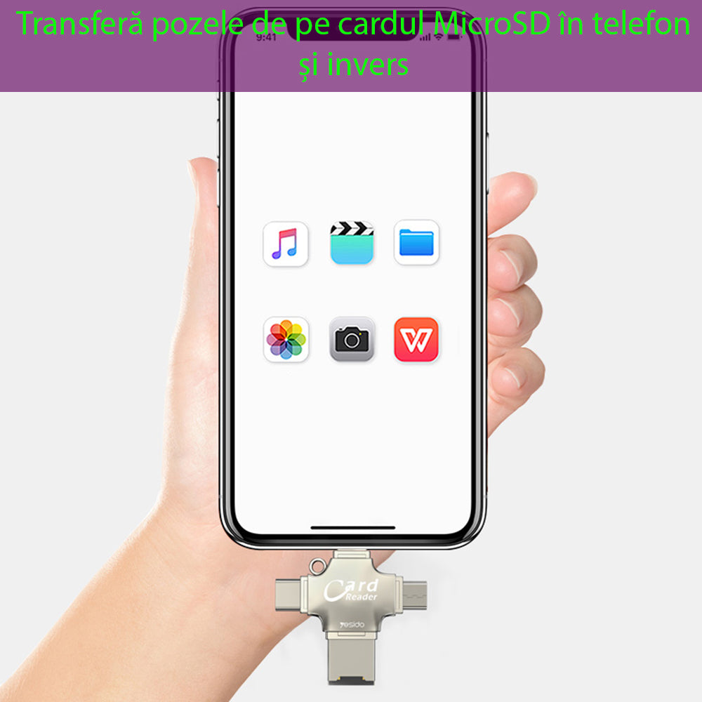 Adaptor Yesido Cititor Carduri (GS13), MicroSD USB / Type-C / Lightning / Micro-USB, Argintiu