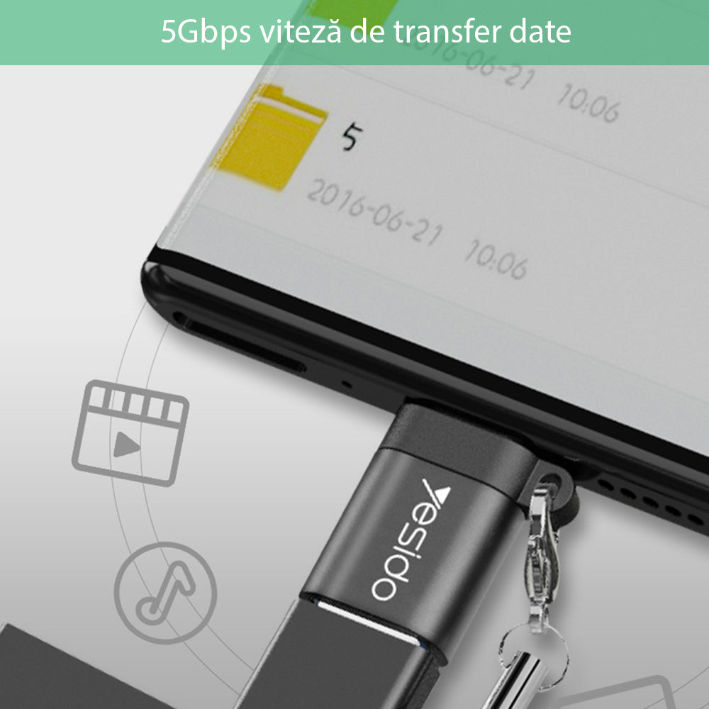 Yesido - OTG Adapter (GS06) - Type-C to USB 3.0, Plug & Play, 5Gbps - Black