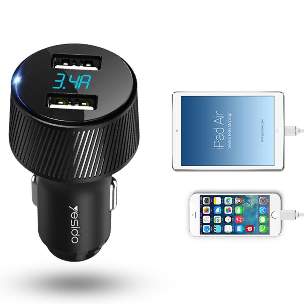 Yesido - Car Charger (Y31) - 2x USB, LED Display, QC 3.0, 18W, 3A - Black