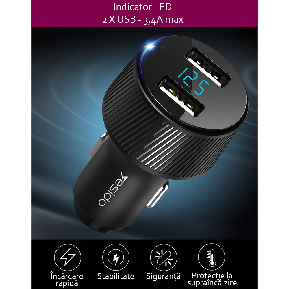 Yesido - Car Charger (Y31) - 2x USB, LED Display, QC 3.0, 18W, 3A - Black