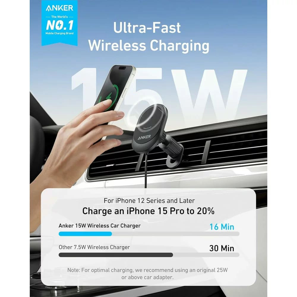 Anker - Car Holder with Wireless Charging MagGo (B2932G11) - Magnetic Grip for Air Vent, 360° Rotation, Type-C, 15W - Bl