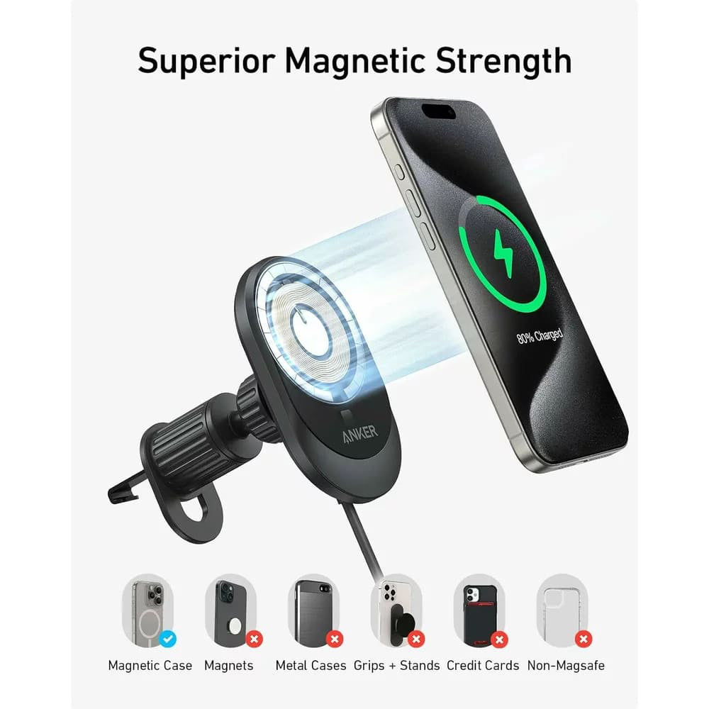 Anker - Car Holder with Wireless Charging MagGo (B2932G11) - Magnetic Grip for Air Vent, 360° Rotation, Type-C, 15W - Bl