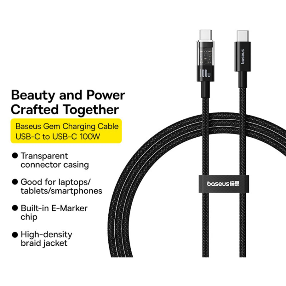Baseus - Data Cable Gem (P10373000111-01) - Type-C to Type-C, Super Fast Charging 100W, 2m - Cluster Black
