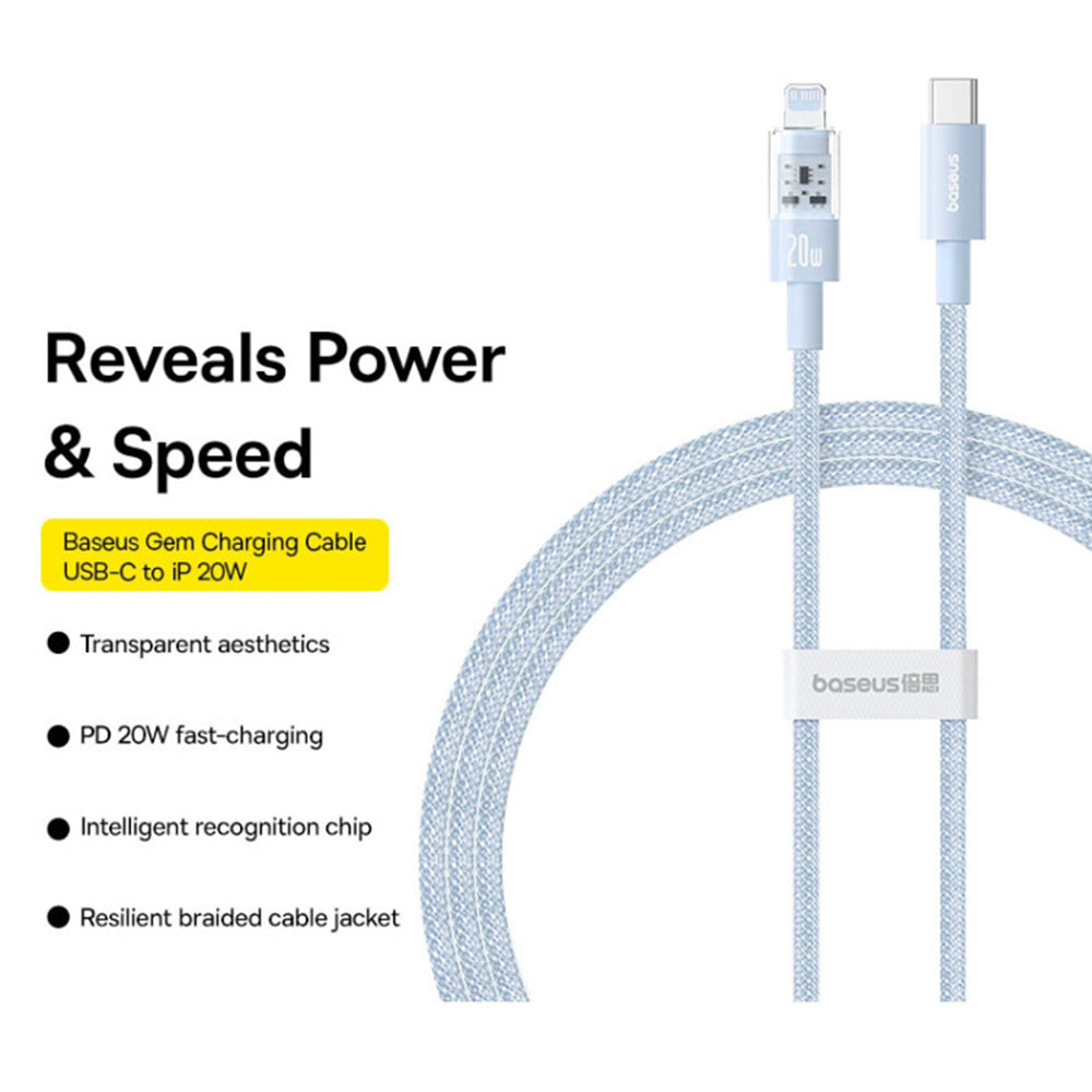 Baseus - Data Cable Gem (P10373001311-01) - USB-C to Lightning, Fast Charging 20W, 2m - Galaxy Blue
