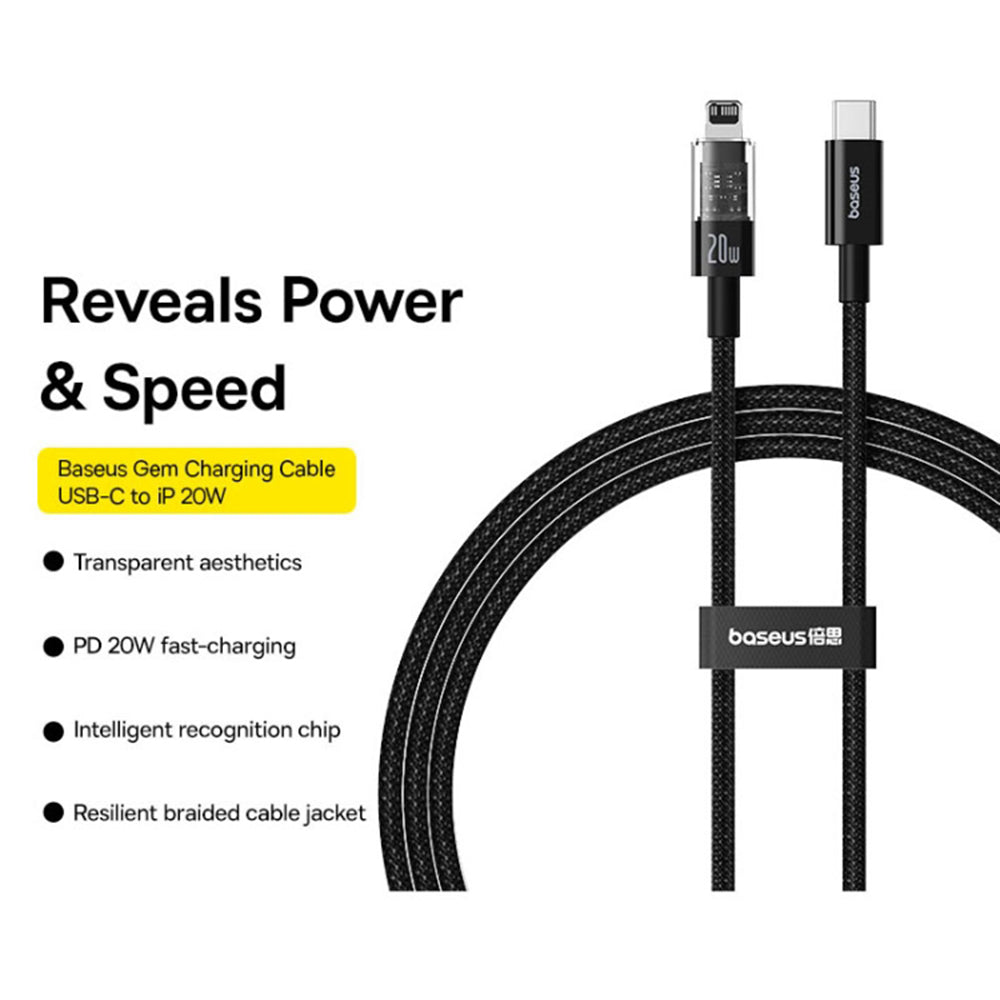 Baseus - Data Cable Gem (P10373001111-01) - USB-C to Lightning, Fast Charging 20W, 2m - Cluster Black