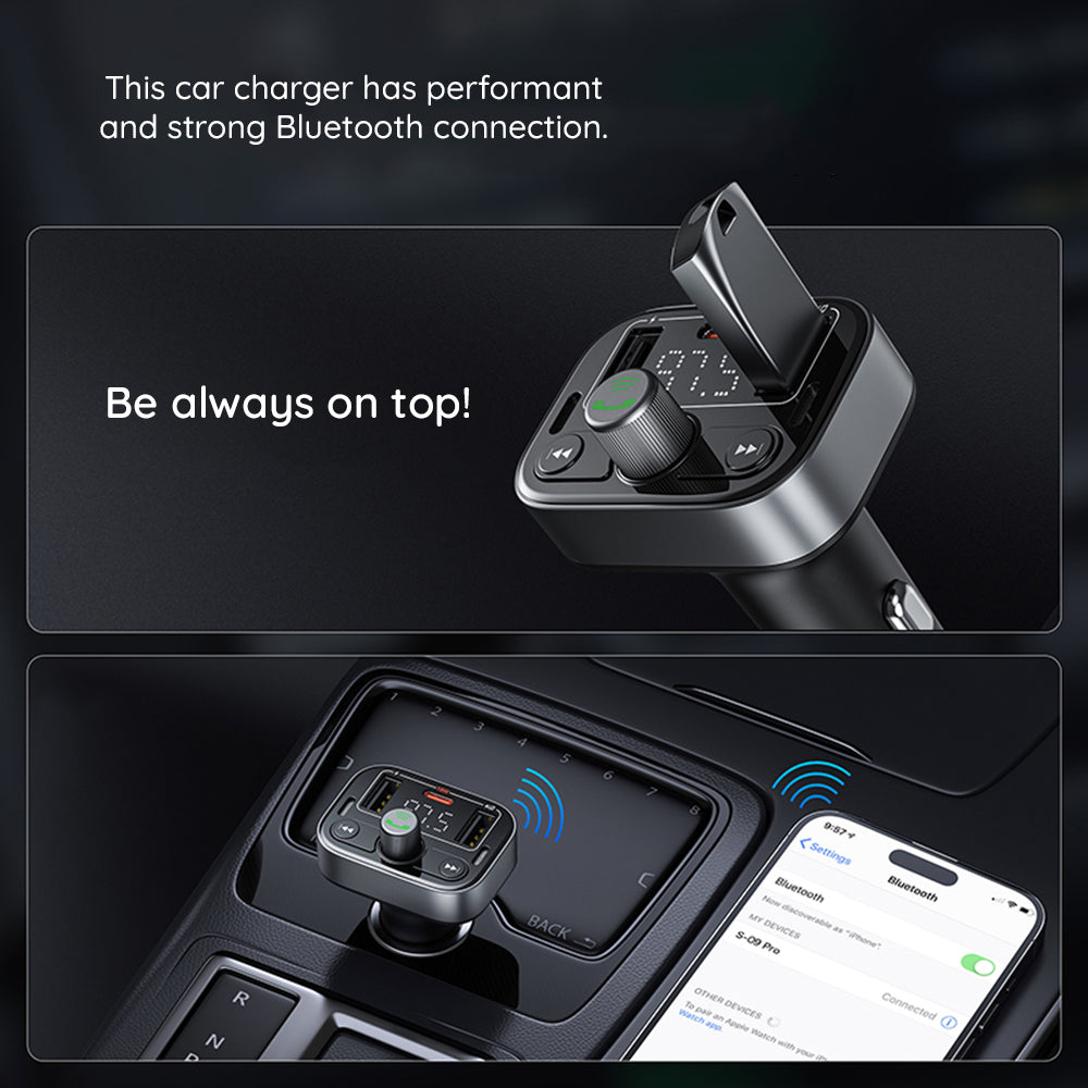 Baseus - FM Modulator and Car Charger S-09 Pro (C10762200113-00) - 2x USB, Type-C, Bluetooth 5.3, Digital Display - Blac