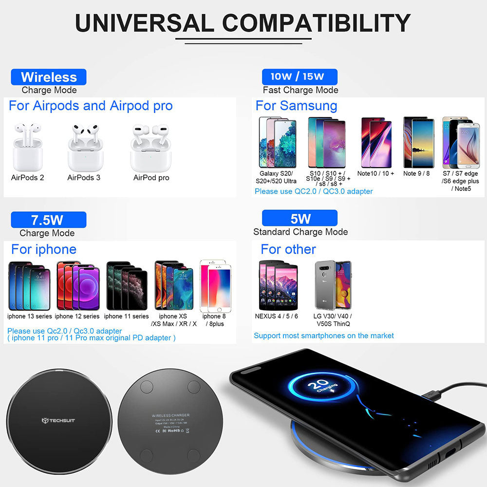 Techsuit - Wireless Charger Premium (CHWR031) - RGB Colors, 15W, 3A - Black