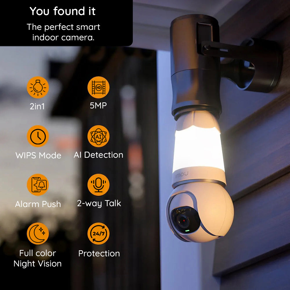 Imou - Indoor Wi-Fi Bulb Cam (IPC-S6DP-5M0WEB-E27) - 5MP, E27 Light Bulb, Built-in Mic, Human Detection, Night Vision - 
