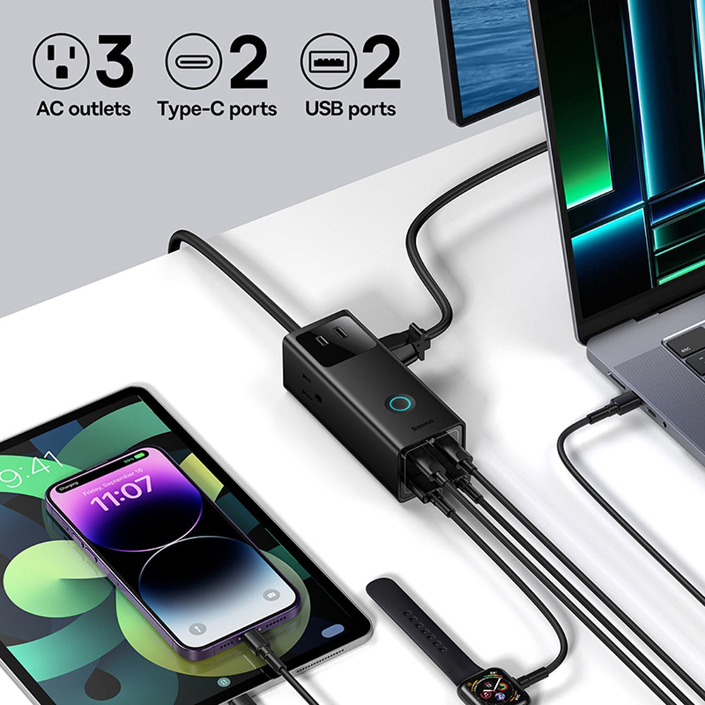 Baseus - Wall Charger PowerCombo Digital PowerStrip (PSLA020101) - 3xAC, 2xUSB, 2xType-C, 65W with Cable Type-C 100W - B