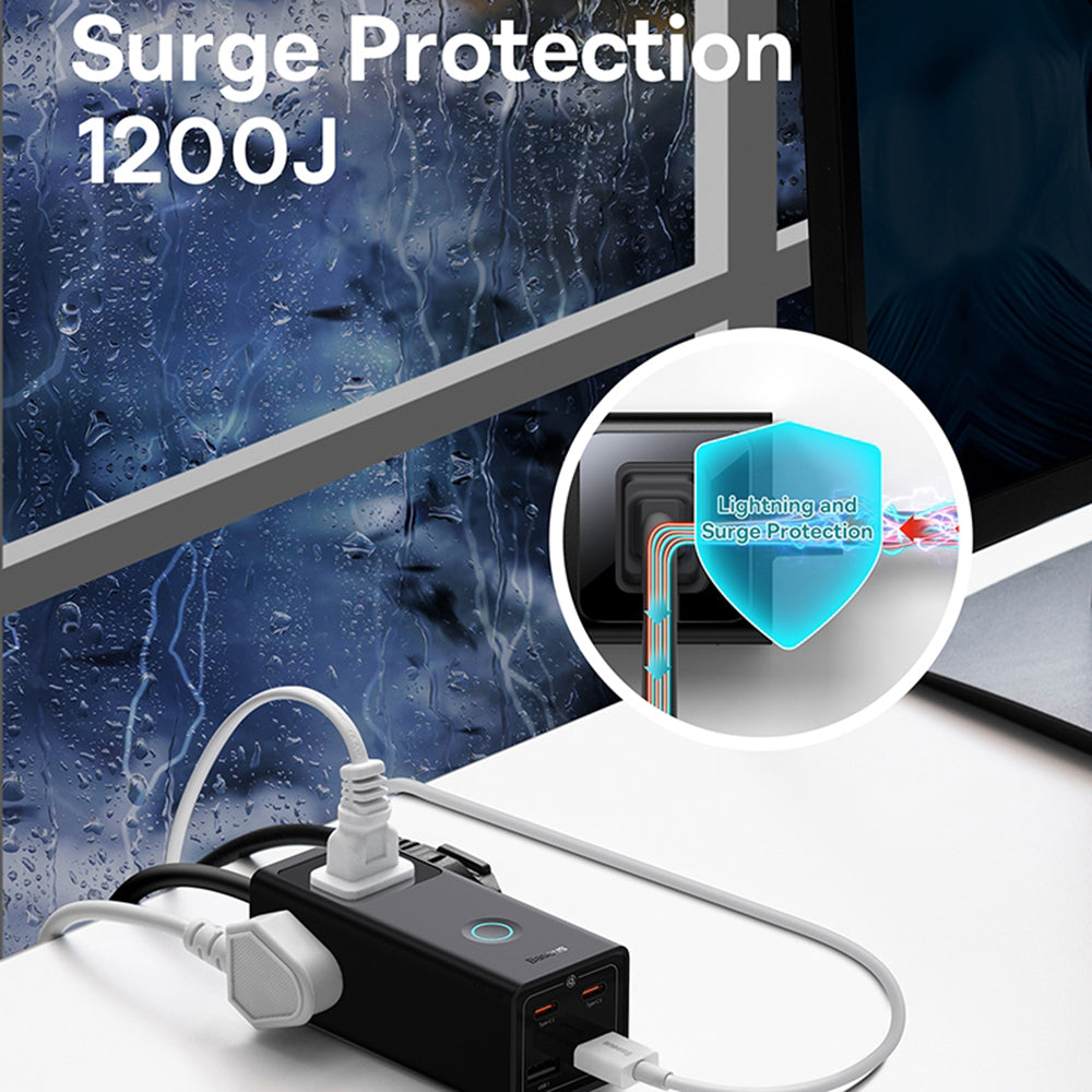Baseus - Wall Charger PowerCombo Digital PowerStrip (PSLA020101) - 3xAC, 2xUSB, 2xType-C, 65W with Cable Type-C 100W - B