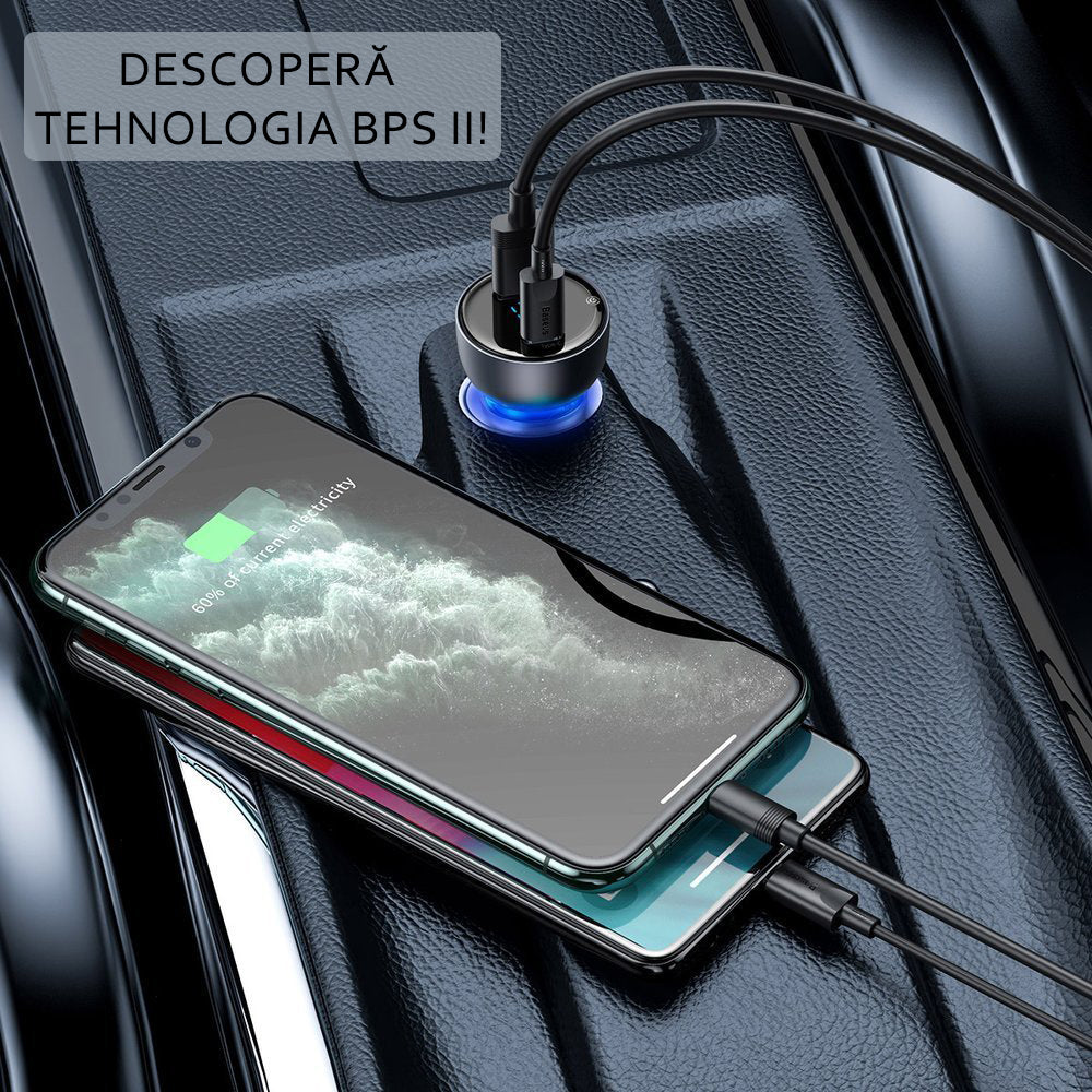 Baseus - Car Charger (CCKX-C0A) - with Digital Display, Type-C PD65W, USB QC4.0, DC 12-24V - Clear