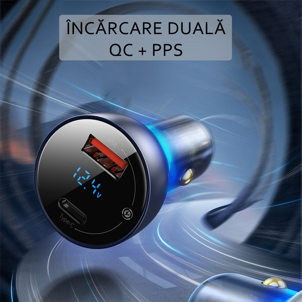 Baseus - Car Charger (CCKX-C0A) - with Digital Display, Type-C PD65W, USB QC4.0, DC 12-24V - Clear