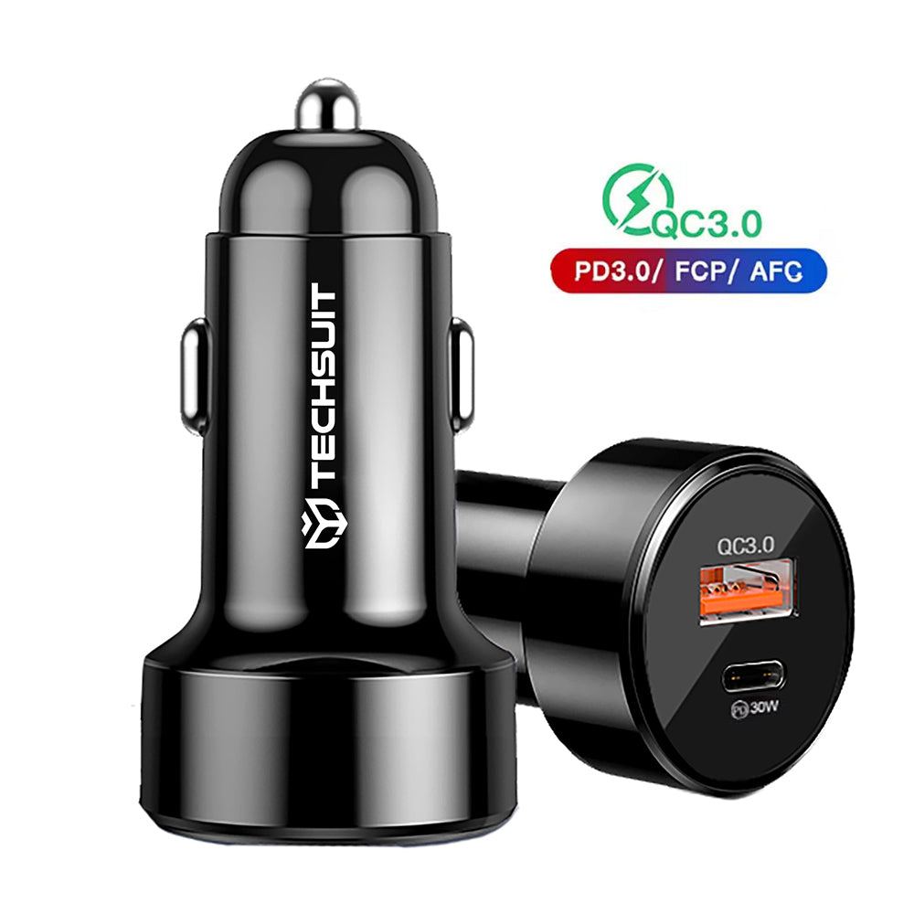 Techsuit - Car Charger Premium (TE-P31) - USB QC3.0 18W, Type-C PD30W, Total 48W, LED Light - Black