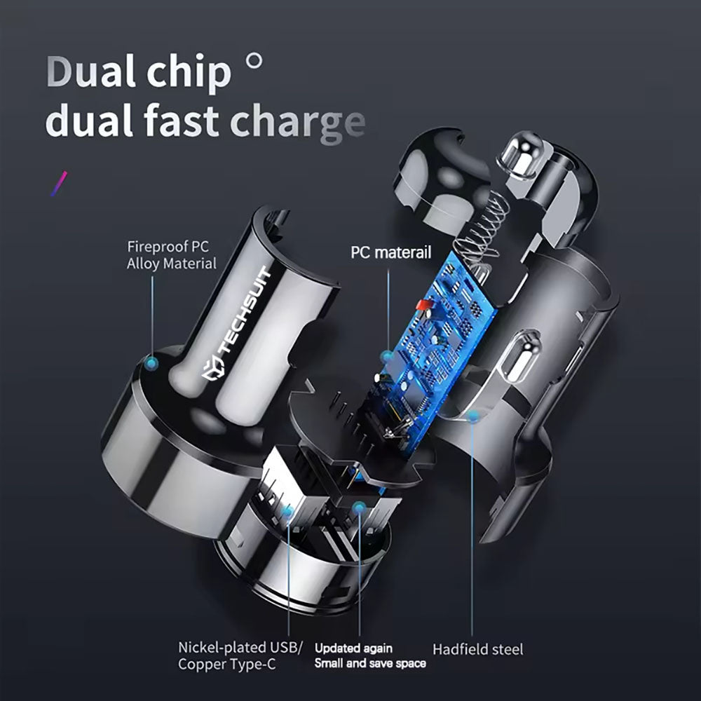 Techsuit - Car Charger Premium (TE-P31) - USB QC3.0 18W, Type-C PD30W, Total 48W, LED Light - Black