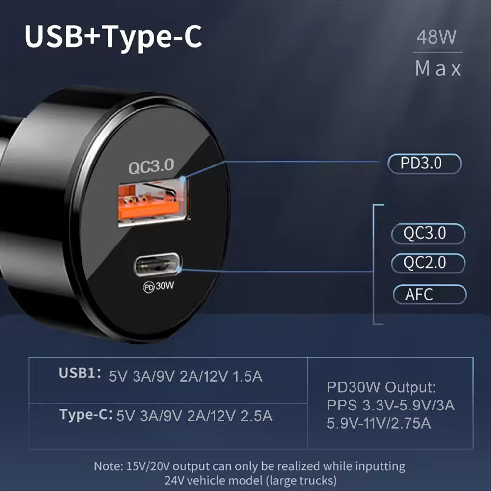 Techsuit - Car Charger Premium (TE-P31) - USB QC3.0 18W, Type-C PD30W, Total 48W, LED Light - Black
