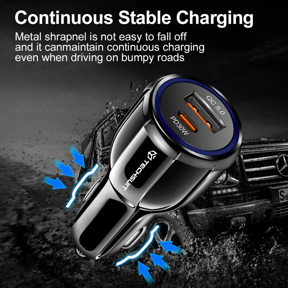 Techsuit - Car Charger Premium (TE-022) - USB-A QC5.0 30W, USB-C PD30W, Total 60W, LED Light - Black