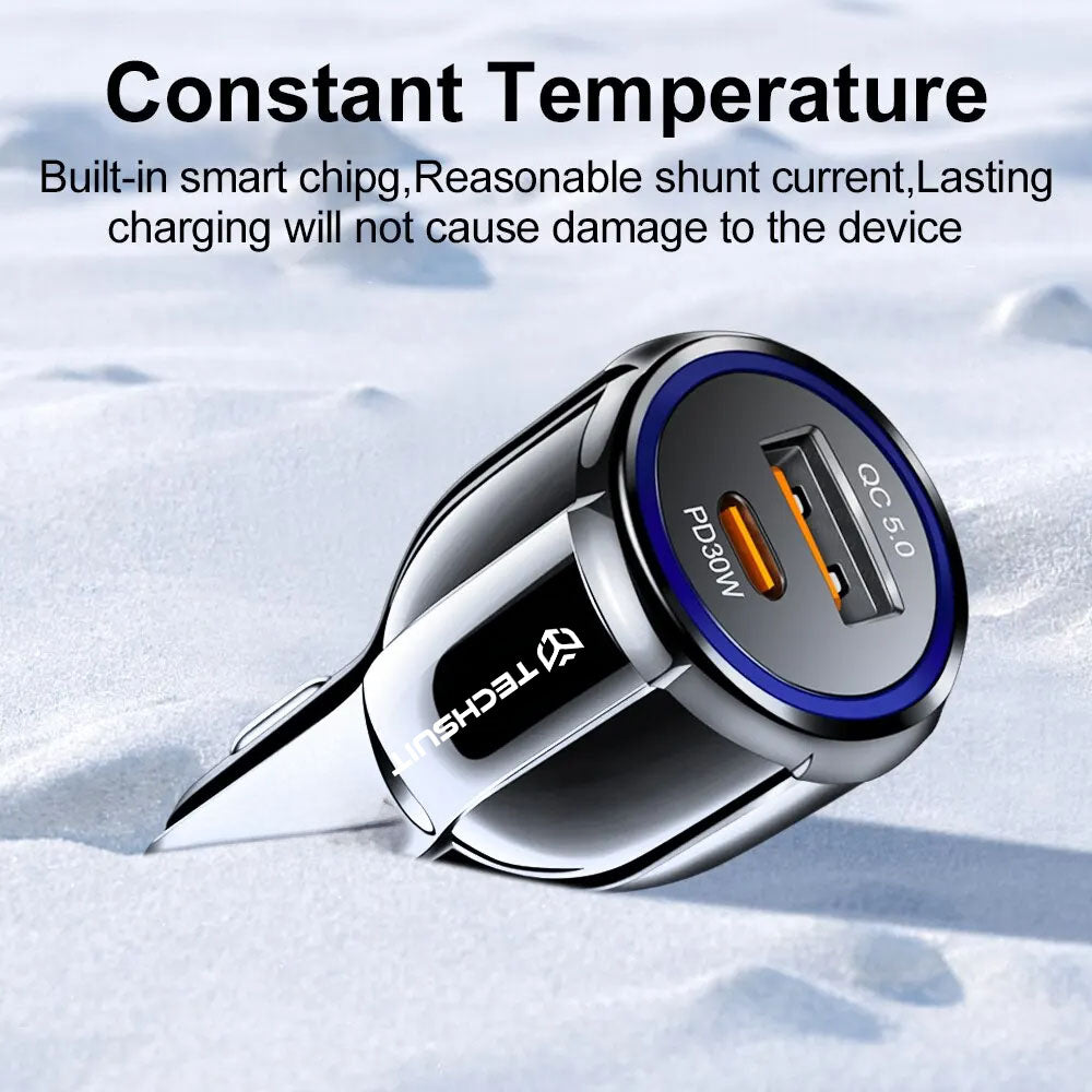 Techsuit - Car Charger Premium (TE-022) - USB-A QC5.0 30W, USB-C PD30W, Total 60W, LED Light - Black
