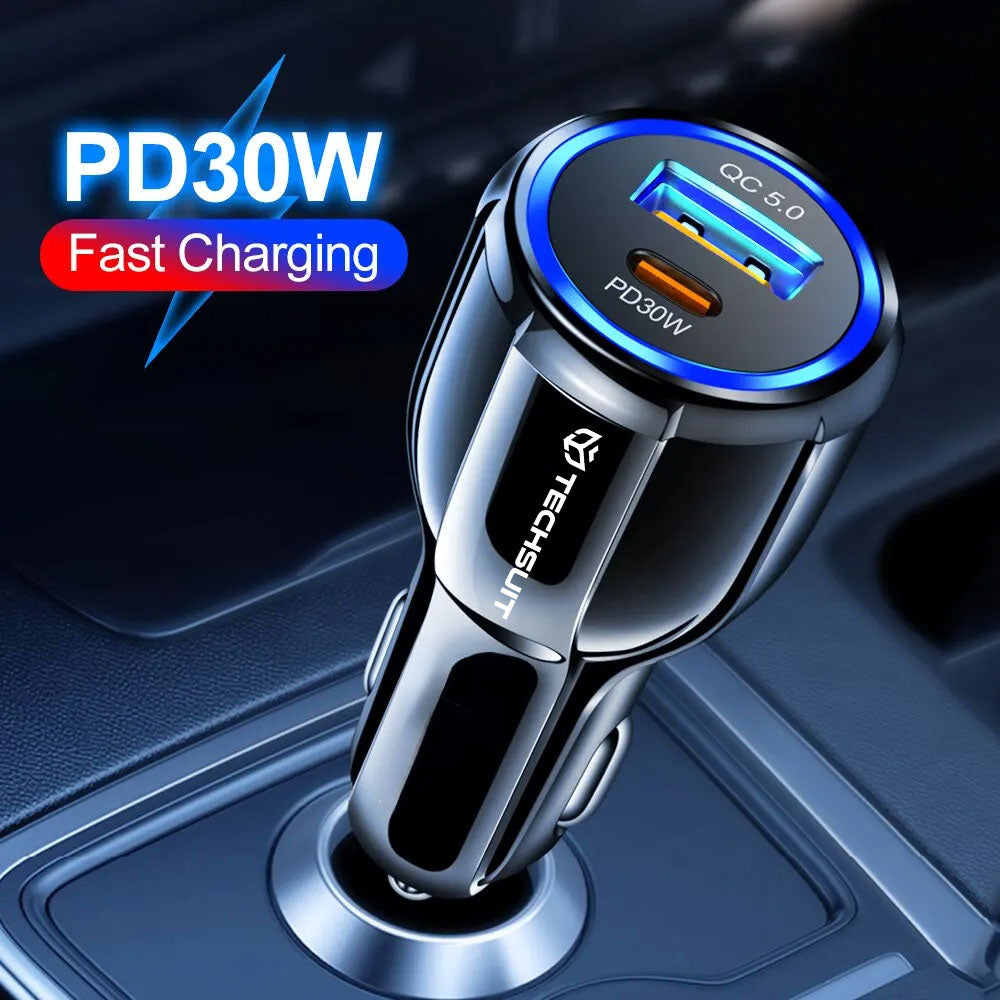 Techsuit - Car Charger Premium (TE-022) - USB-A QC5.0 30W, USB-C PD30W, Total 60W, LED Light - Black
