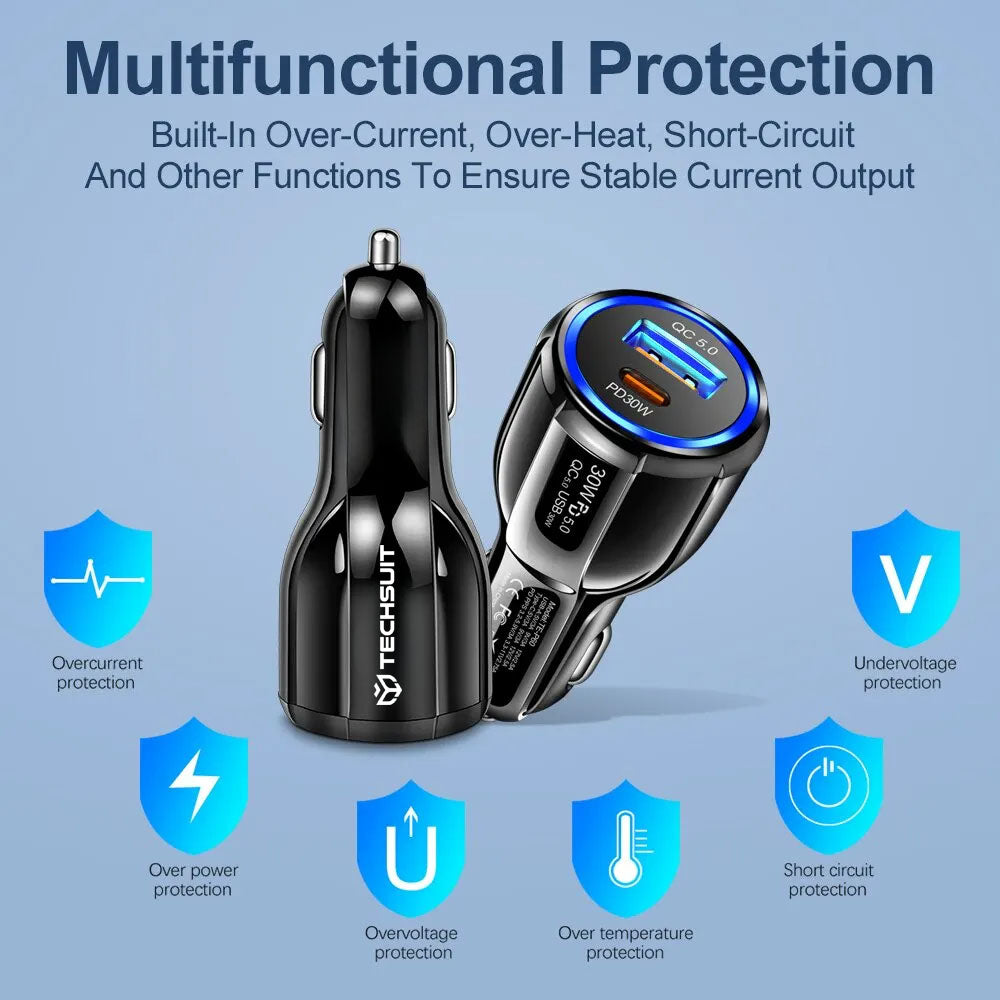 Techsuit - Car Charger Premium (TE-022) - USB-A QC5.0 30W, USB-C PD30W, Total 60W, LED Light - Black