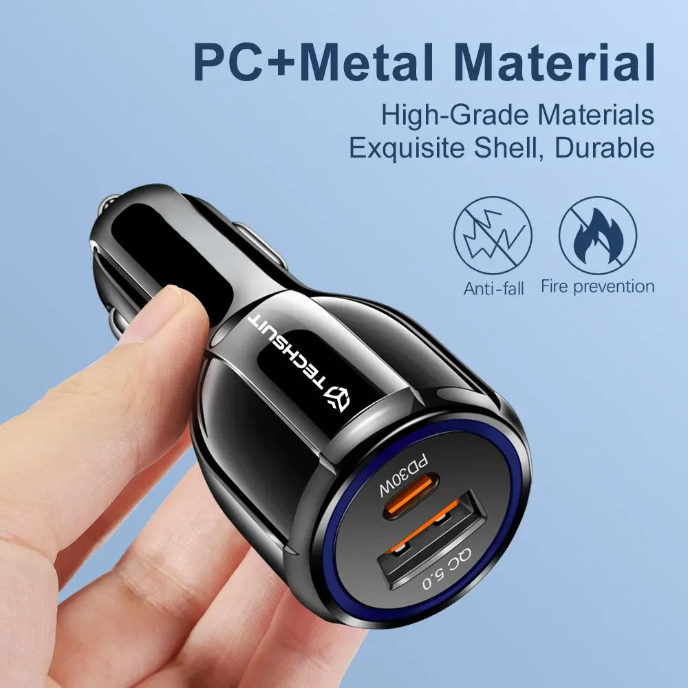 Techsuit - Car Charger Premium (TE-022) - USB-A QC5.0 30W, USB-C PD30W, Total 60W, LED Light - Black