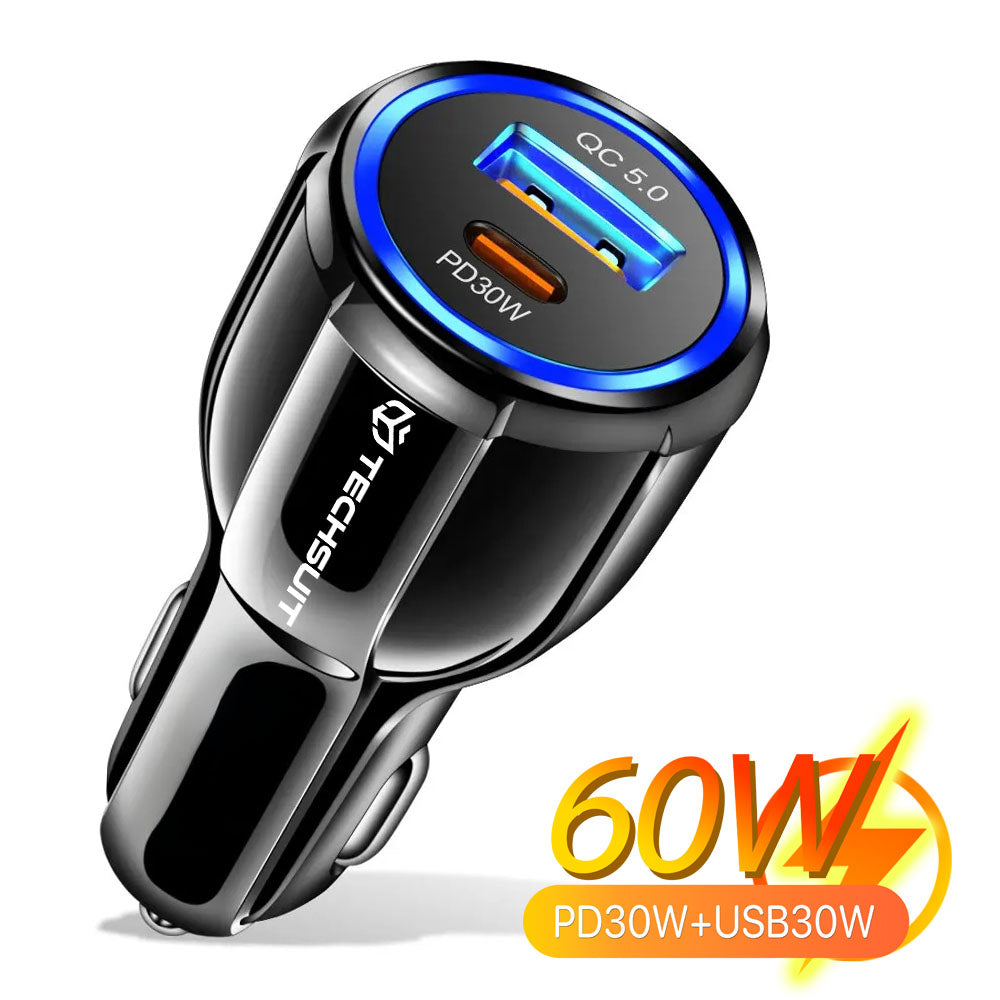 Techsuit - Car Charger Premium (TE-022) - USB-A QC5.0 30W, USB-C PD30W, Total 60W, LED Light - Black