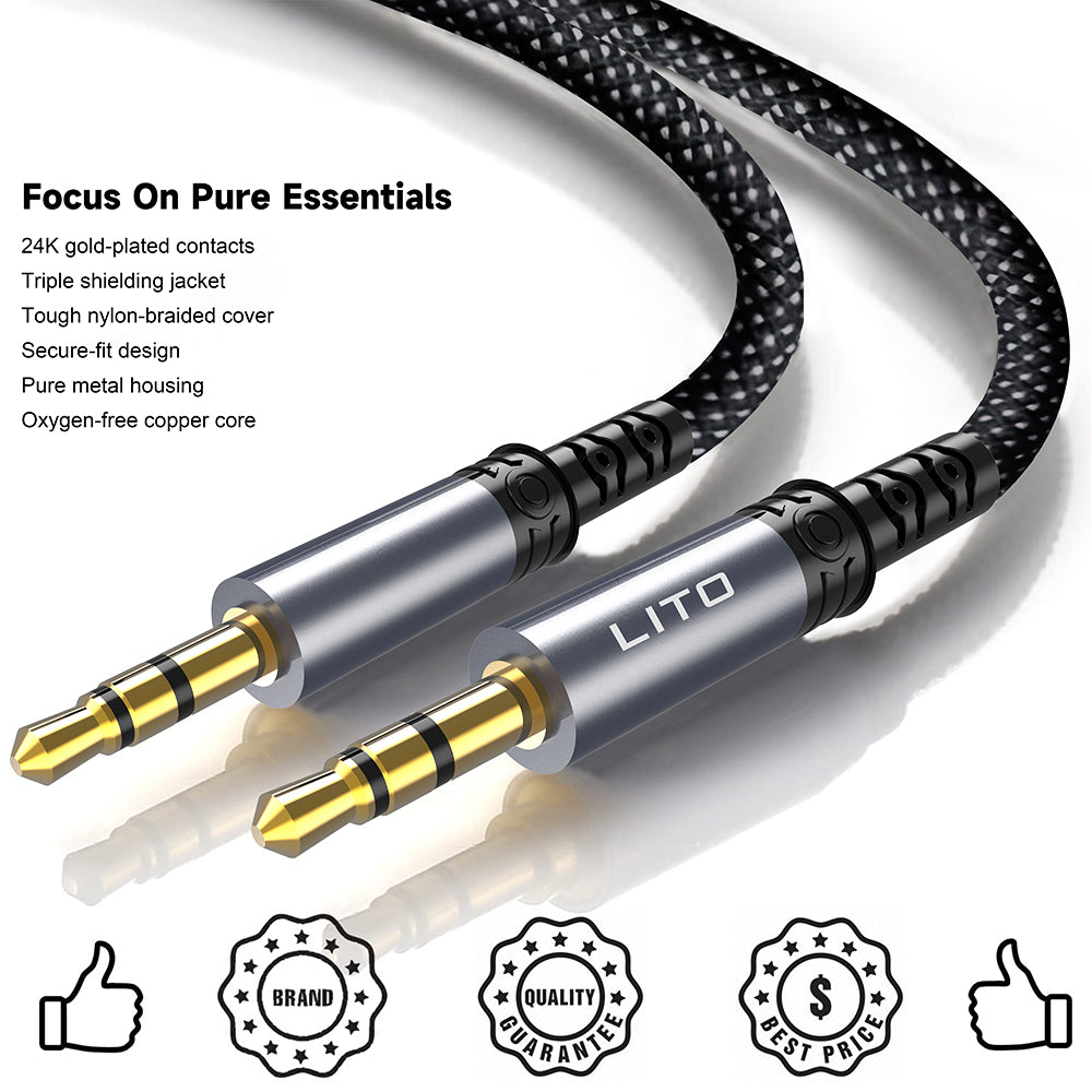 Lito - Audio Cable Adapter (LA01D) - Jack to Jack 3.5mm, Hi-Fi, 24k Gold-plated Contacts, Nylon-braided, 1m - Black